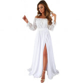 Rochie lunga alba cu dantela si slit frontal – Eliza